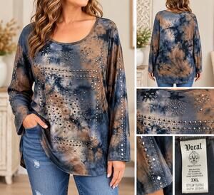 Vocal 3XL Tie Dye Rhinestone Studded Tunic Top Y2K Boho Grunge Western
